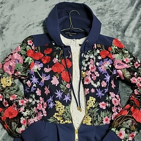 Boston Proper floral embroidered long sleeve jacket, mini dress size XS